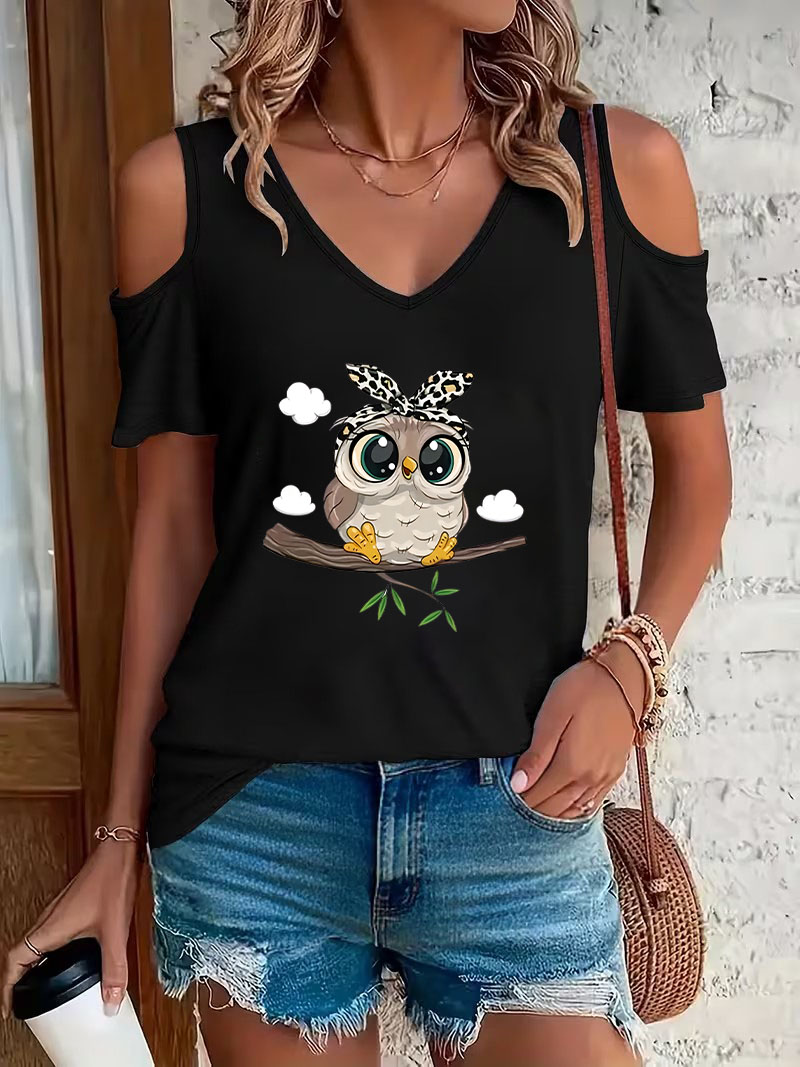 Summer Clothing Drop - Trendy Karikatür Baykuş Baskılı Omuzları Açık