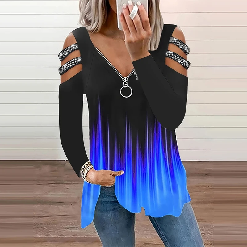 Summer Clothing Drop - Degrade Renk Fermuar V Yaka T-shirt
